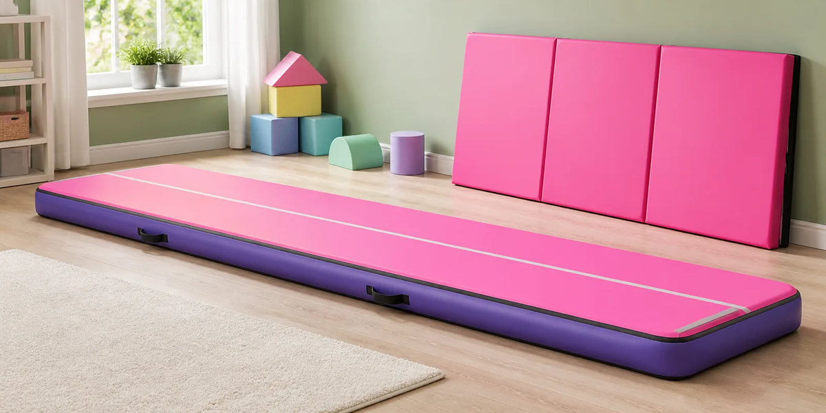 Pink air tumbling mat for home gymnastics practice