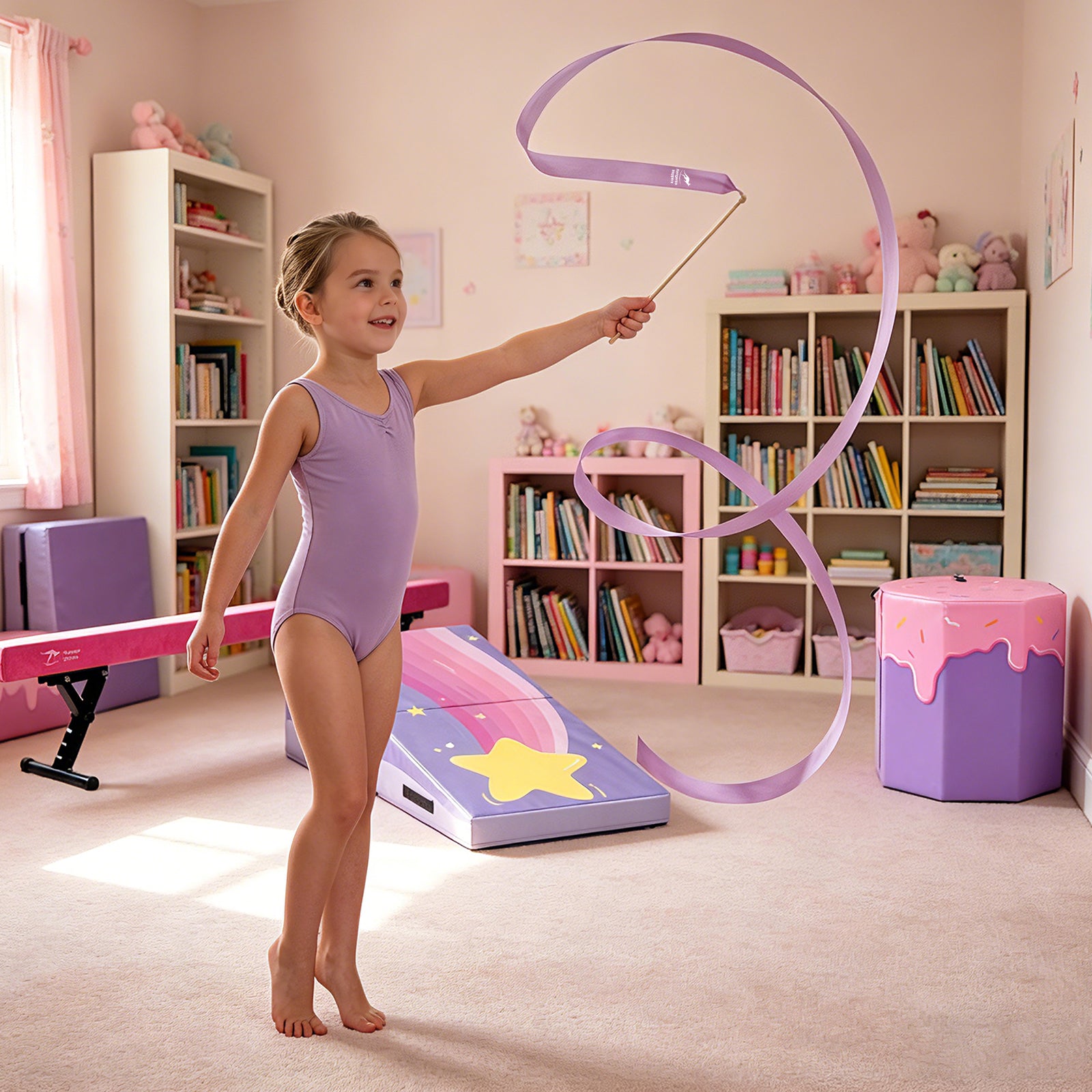 Girl twirling purple Kangaroo Hoppers Kids Gymnastics Ribbon Set in playroom