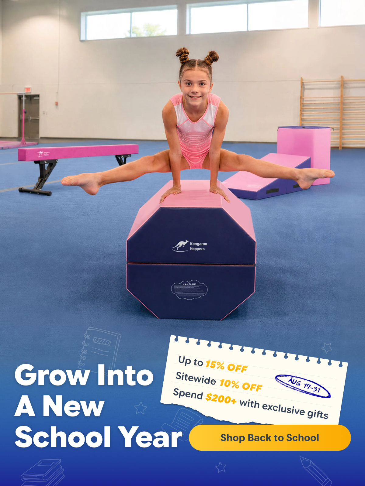 Girl doing straddle split on pink and blue Tangens Hoppers octagon gymnastics block