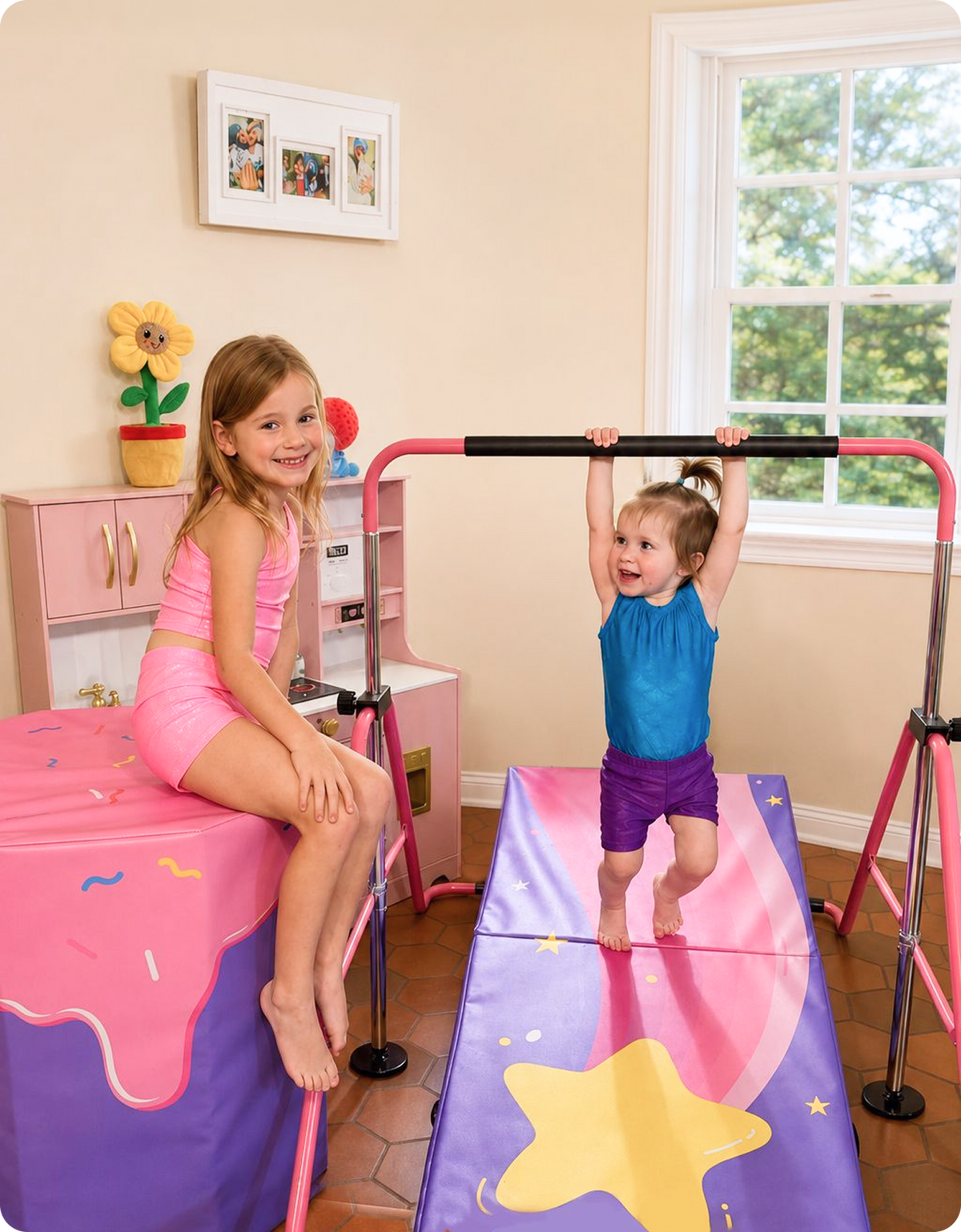 Two girls playing on pink horizontal bar and star print gymnastics mat in bedroom