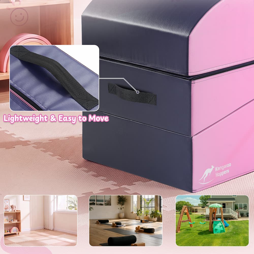 Pink and dark blue Kangaroo Hoppers foldable storage box with black handles