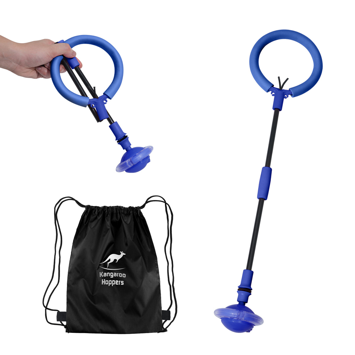 Kangaroo Hoppers Kids Ankle Skip Ball with blue handle and black drawstring bag