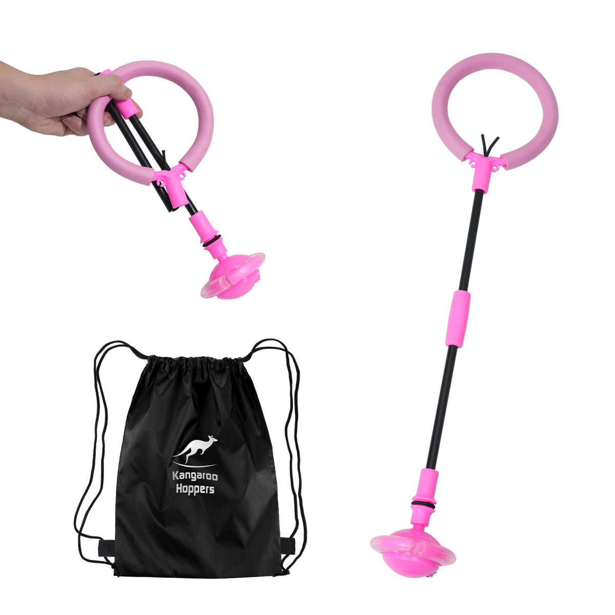 Pink Kangaroo Hoppers Kids Ankle Skip Ball with ring handle and black bag