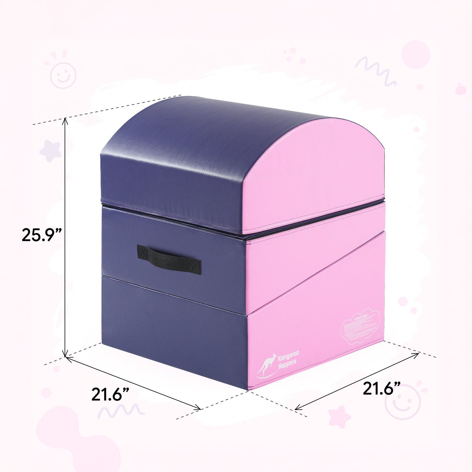 Navy blue and pink Kangaroo Hoppers modular soft gymnastics vault box with dimensions