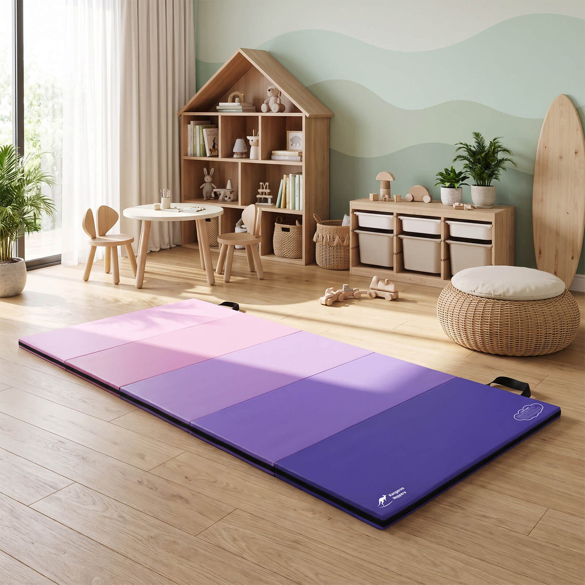 Kangaroo Hoppers Morandi Color Block Gymnastics Mat folded on wood floor