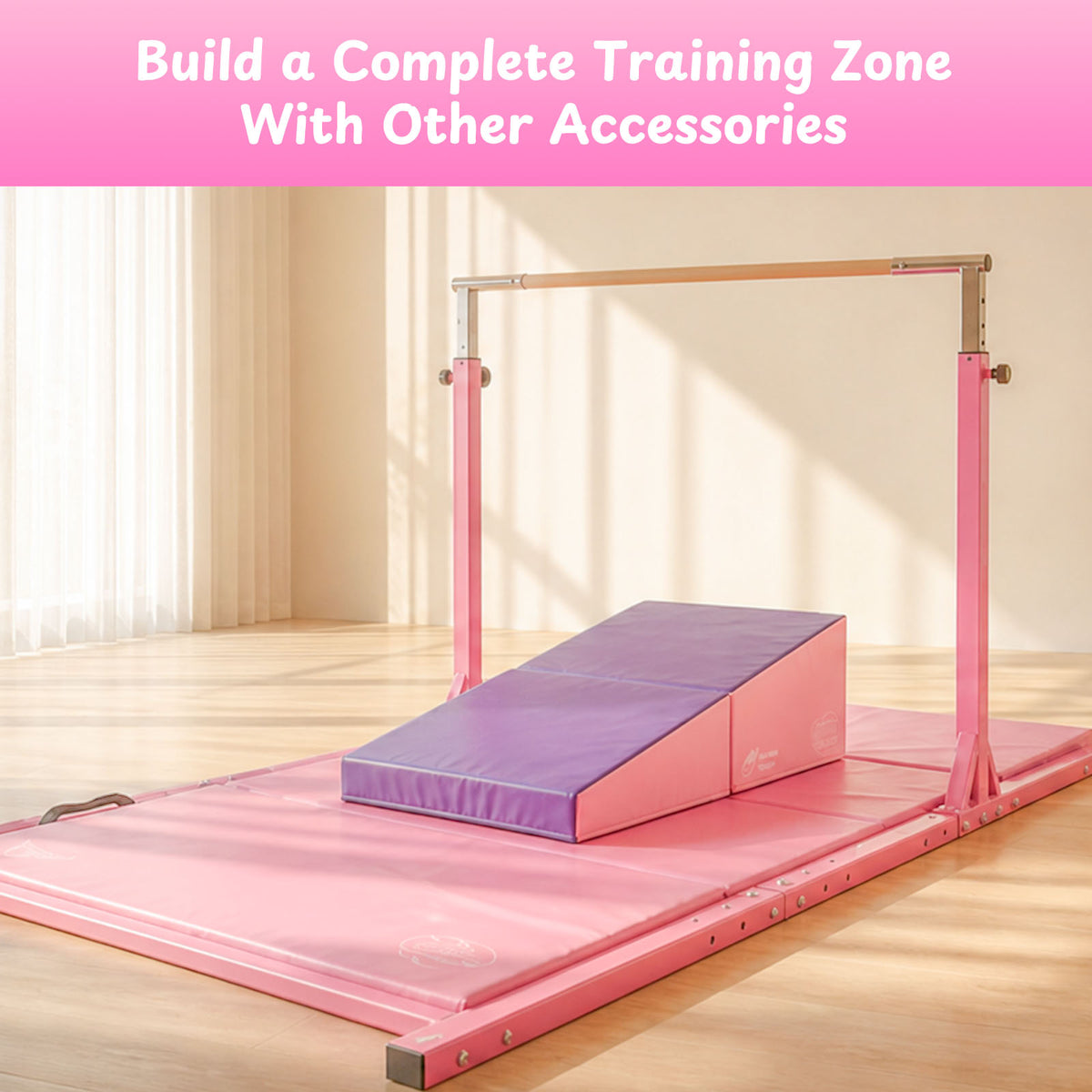 Pink Kangaroo Hoppers adjustable parallel bars set with purple wedge mat on wooden floor