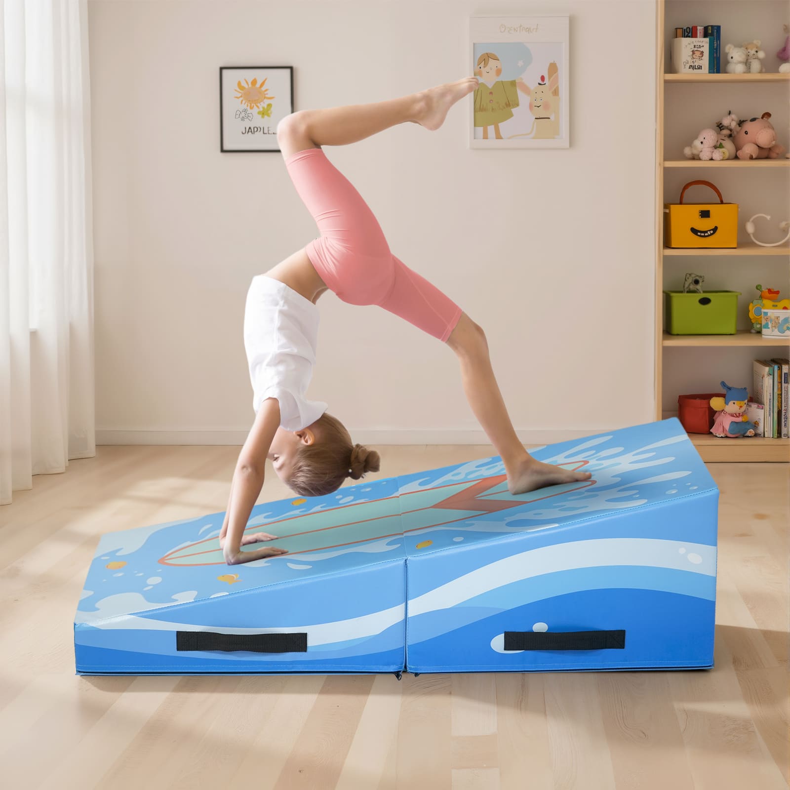 Kangaroo Hoppers Foldable Gymnastics Tumbling Cheese Wedge Mat (M/L) –Surfboard and Shooting Star Designs