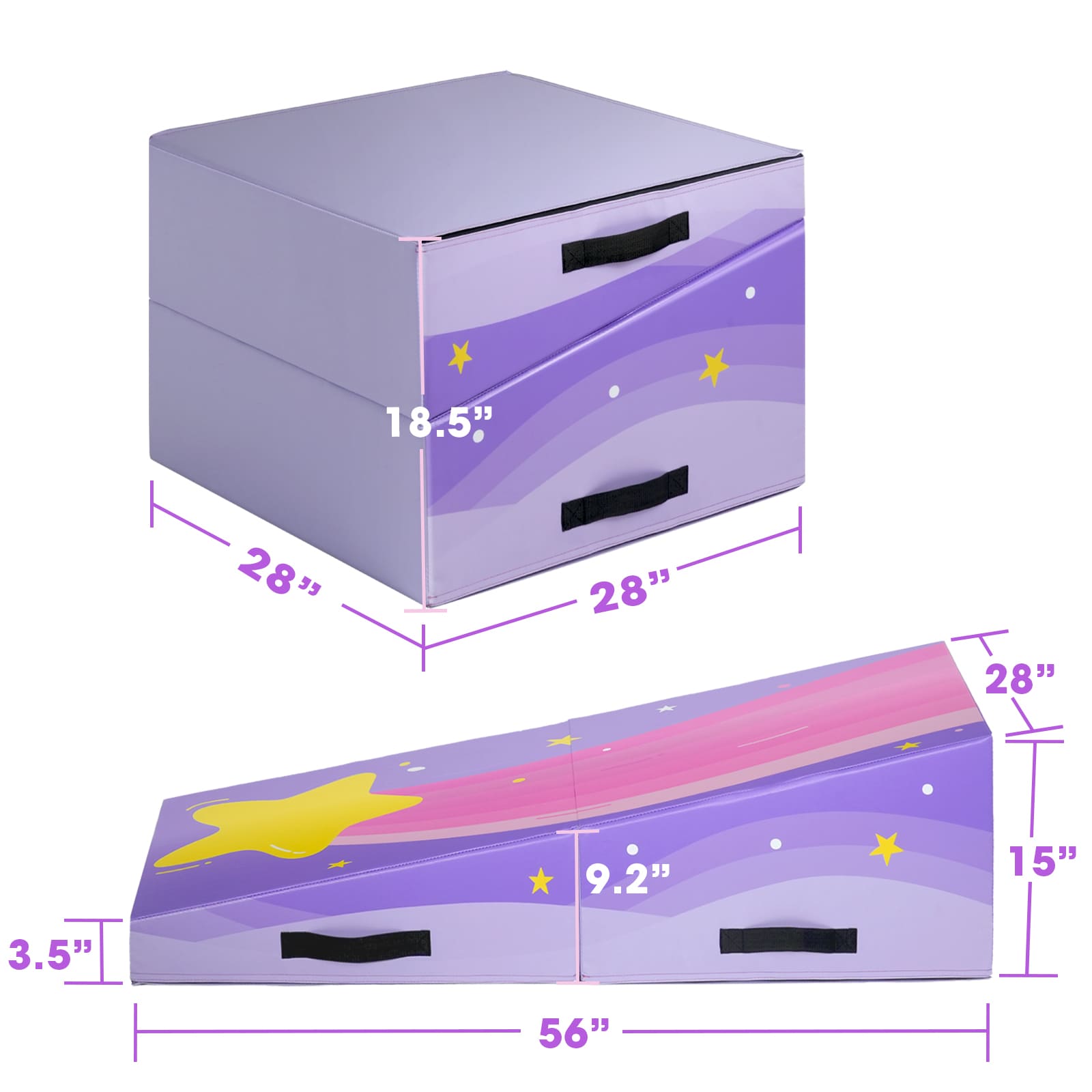 Kangaroo Hoppers Foldable Gymnastics Tumbling Cheese Wedge Mat (M/L) –Surfboard and Shooting Star Designs