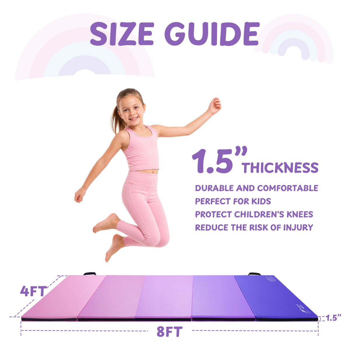 Girl jumping on purple Kangaroo Hoppers gymnastics mat size guide showing 1.5 inch thickness