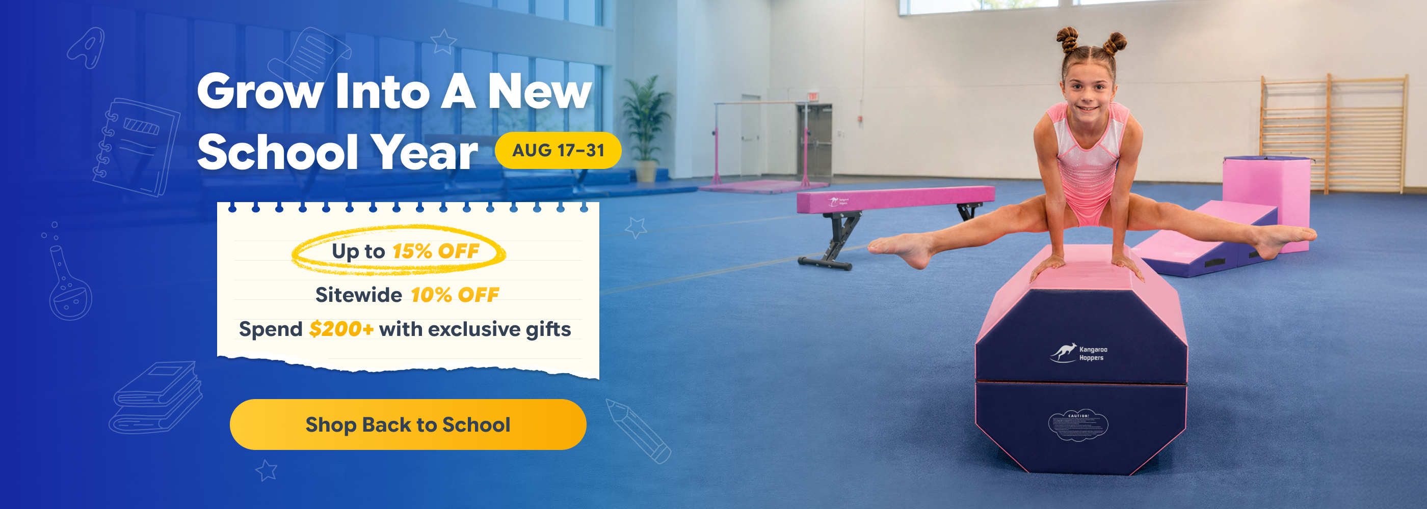 Girl doing splits on pink and blue octagonal gymnastics beam in gym