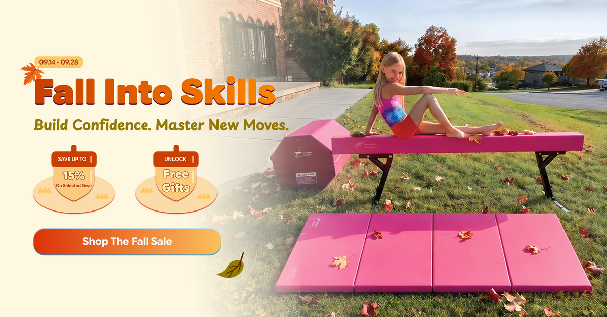 Girl sitting on pink balance beam with matching folding mat outdoors