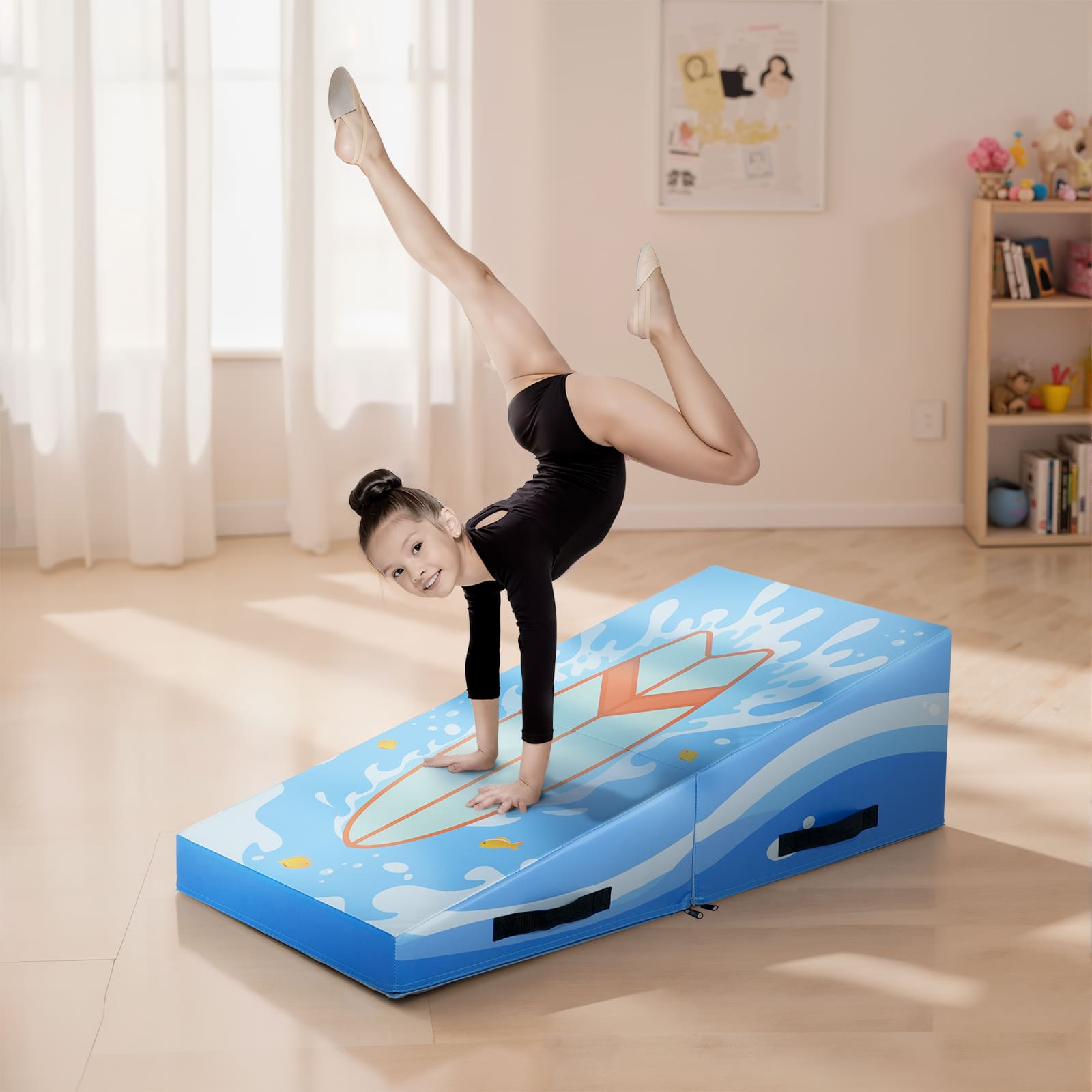 Kangaroo Hoppers Foldable Gymnastics Tumbling Cheese Wedge Mat (M/L) –Surfboard and Shooting Star Designs