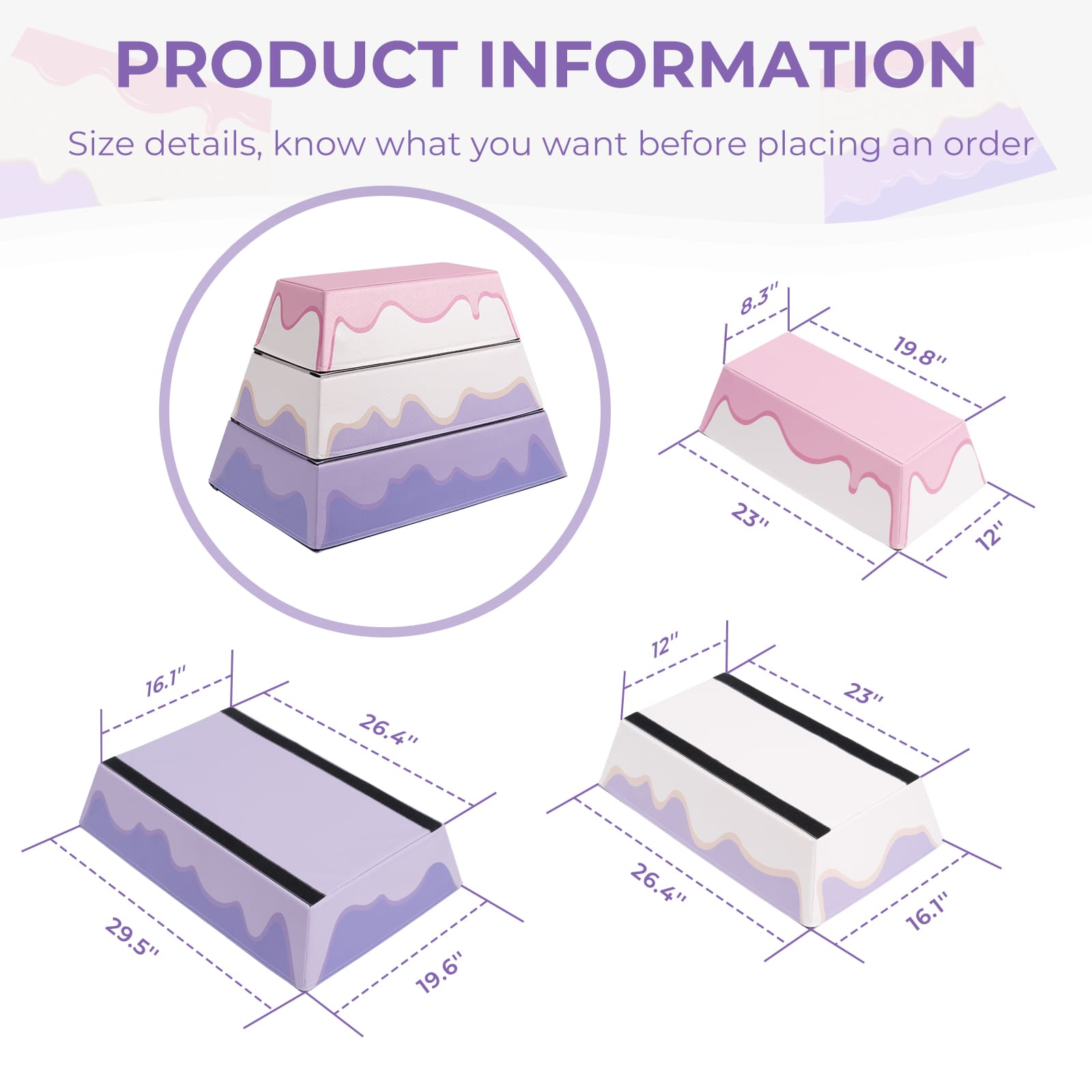 Product dimensions chart with a focus on size details for 3-Layer Cake Themed Foam Vaulting Box