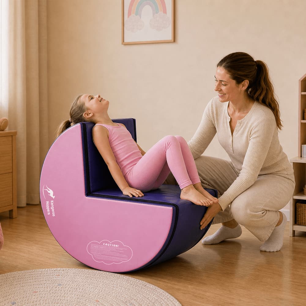 Girl on pink and purple Kangaroo Hoppers Flip & Roll Gymnastics Trainer