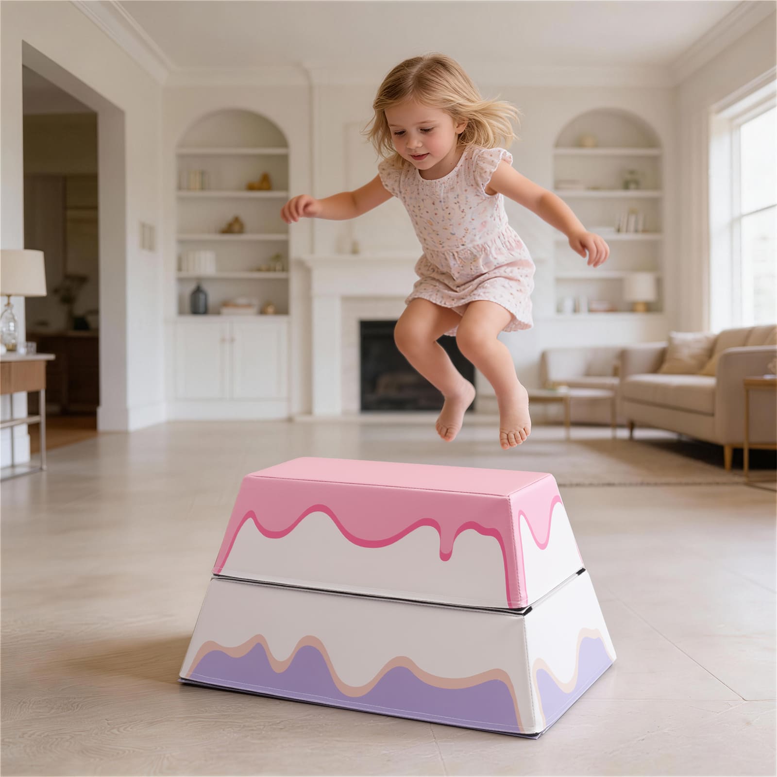 Child jumping on 3-Layer Cake Themed Foam Vaulting Box in a living room.