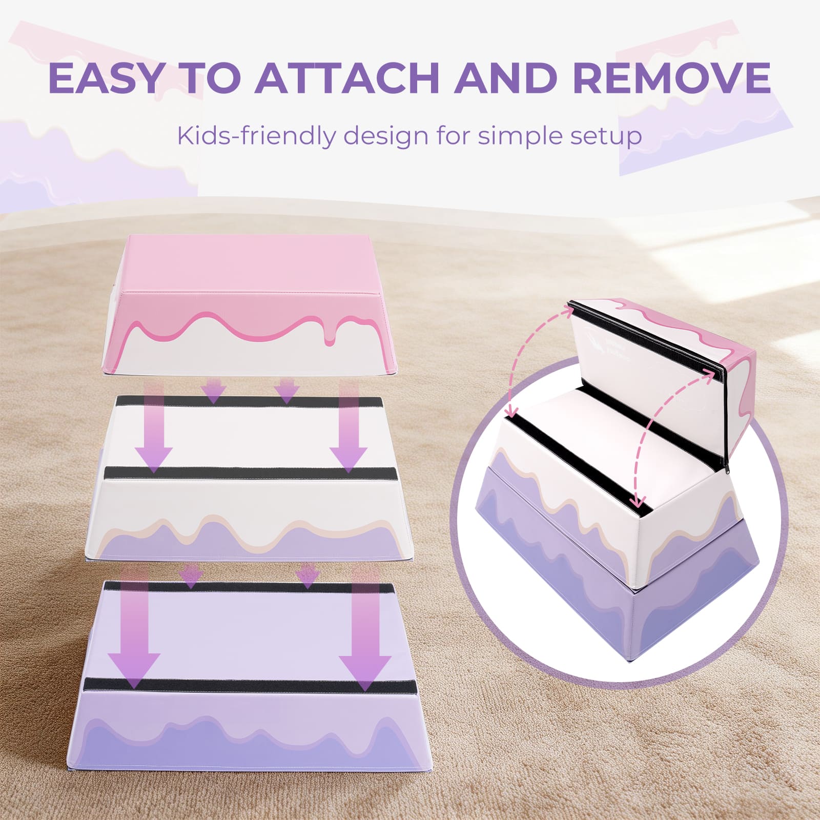 Easy to attach with Kangaroo Hoppers 3 layer cake themed foam vaulting box for beginner gymnastics at home