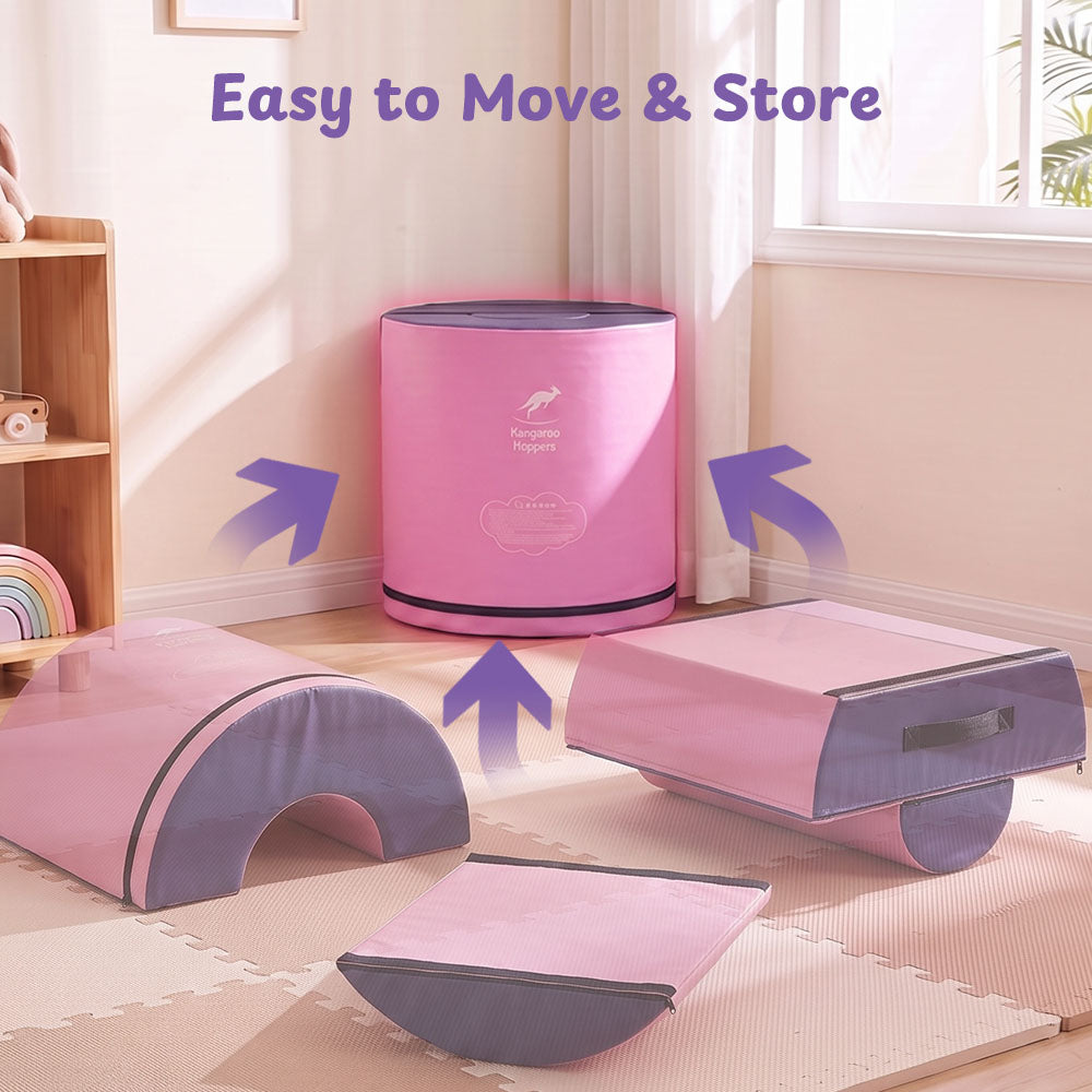 Pink and purple children's play gym set in a bright room, including a cylindrical storage bin, an arch tunnel, a balance board, and a small step, with purple arrows and text reading 'Easy to Move & Store'.