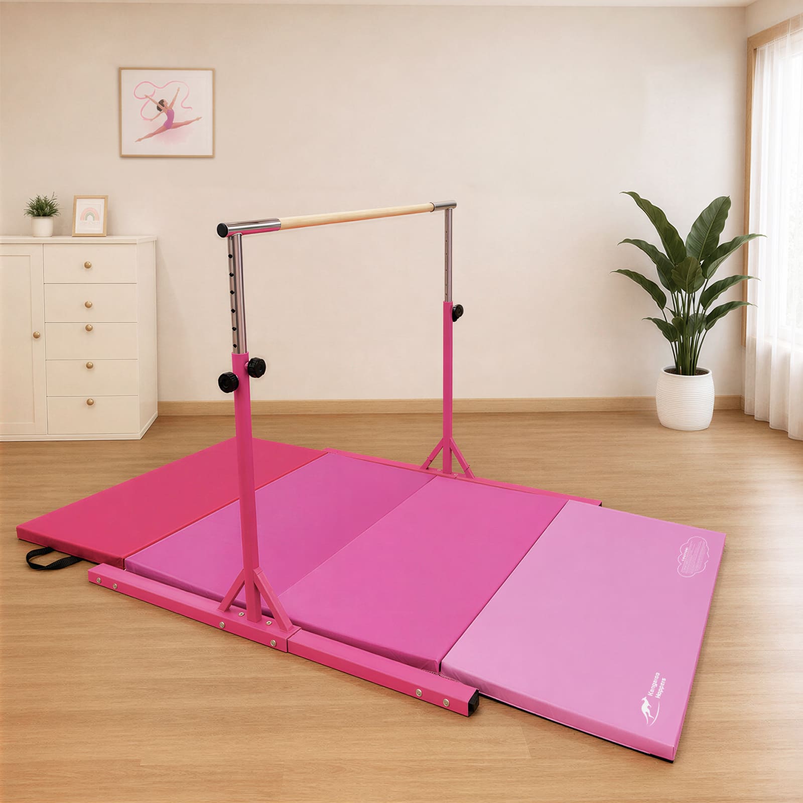 Pink gymnastics mat with parallel bars in a room setting