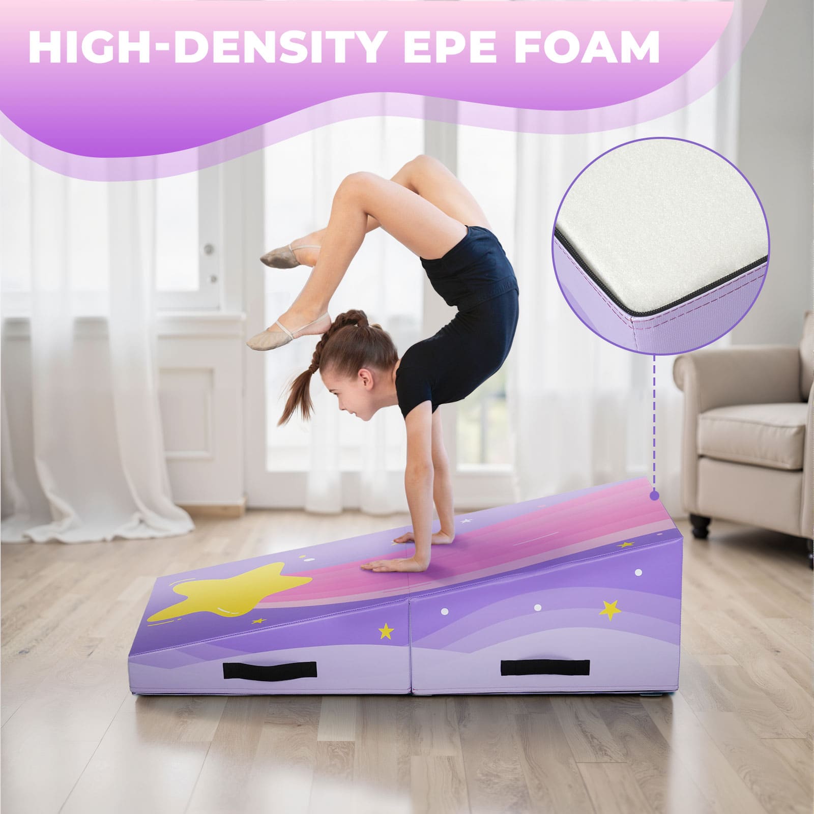 Kangaroo Hoppers Foldable Gymnastics Tumbling Cheese Wedge Mat (M/L) –Surfboard and Shooting Star Designs