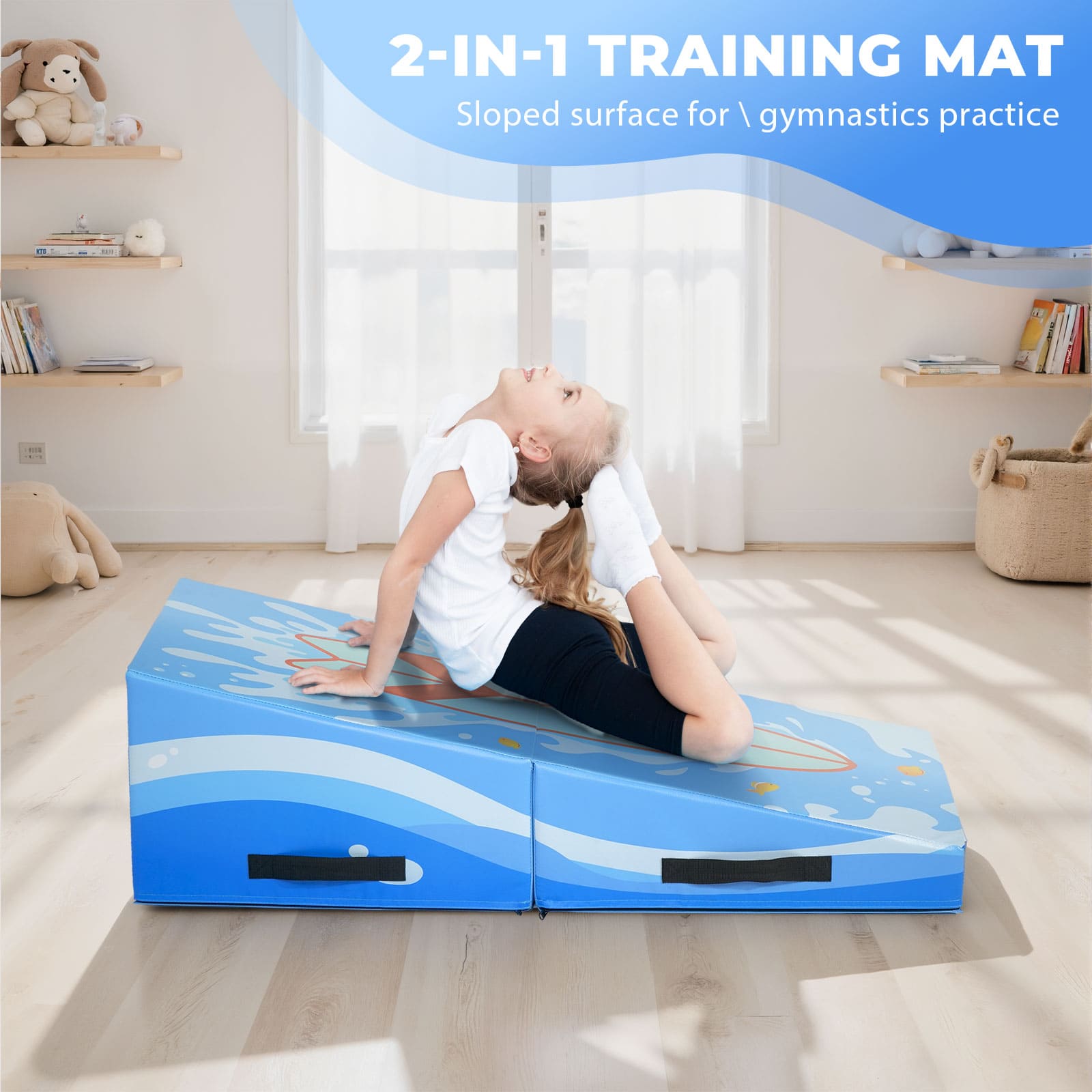 Kangaroo Hoppers Foldable Gymnastics Tumbling Cheese Wedge Mat (M/L) –Surfboard and Shooting Star Designs