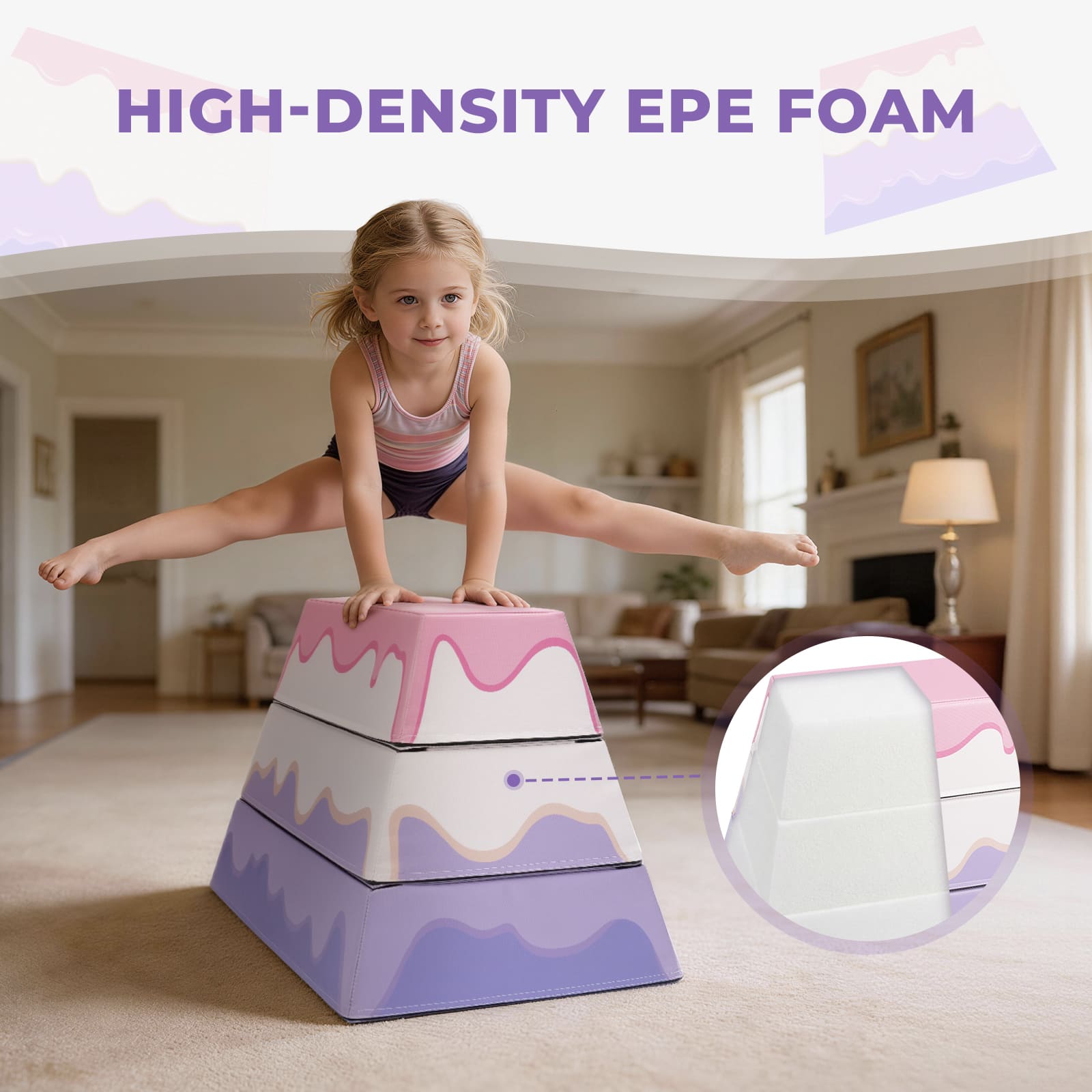 Child playing on a high-density EPE foam toy in a living room.
