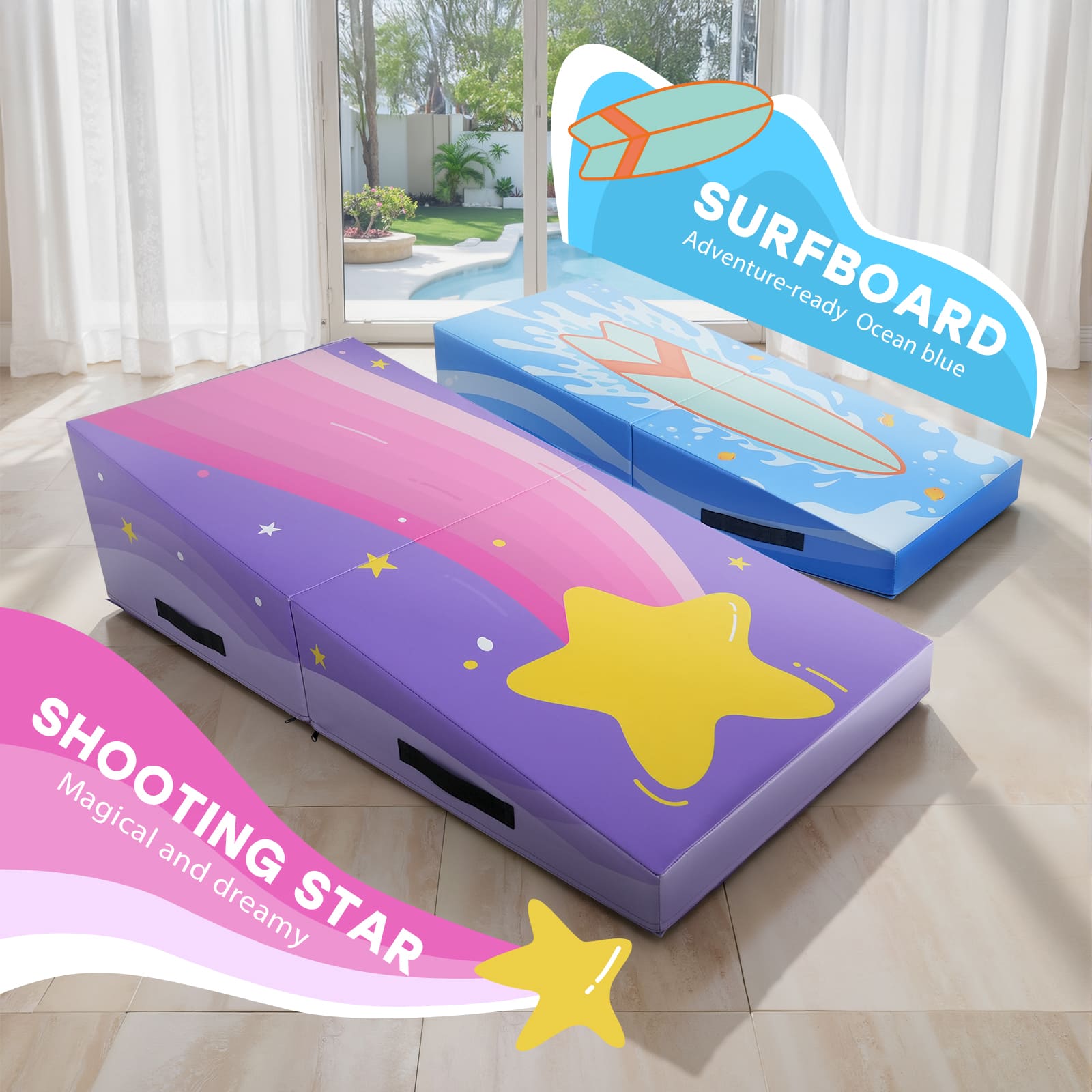 Kangaroo Hoppers Foldable Gymnastics Tumbling Cheese Wedge Mat (M/L) –Surfboard and Shooting Star Designs