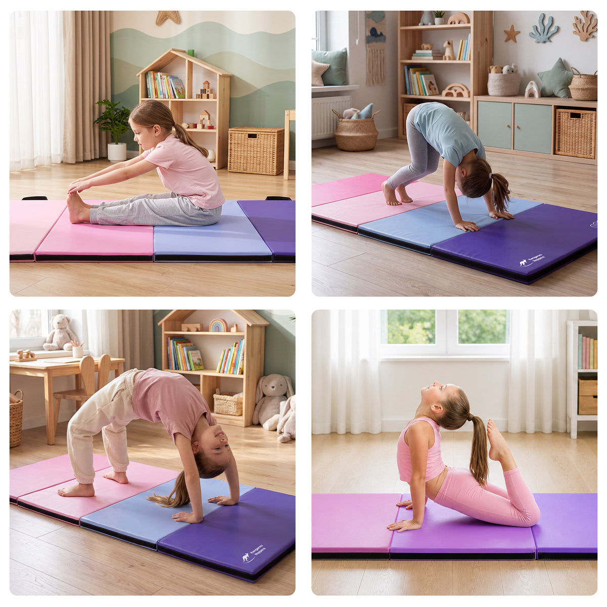 Girl doing gymnastics stretches on pink and purple Kangaroo Hoppers adjustable kids parallel bars set with gymnastics mat