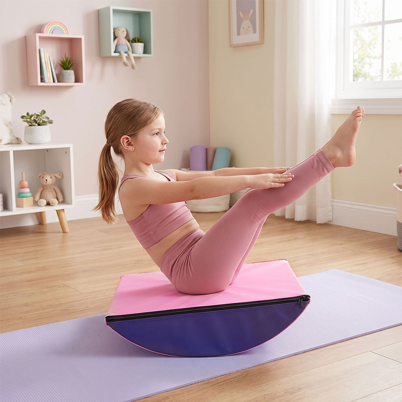 Child practicing balance training on incline gymnastics wedge mat
