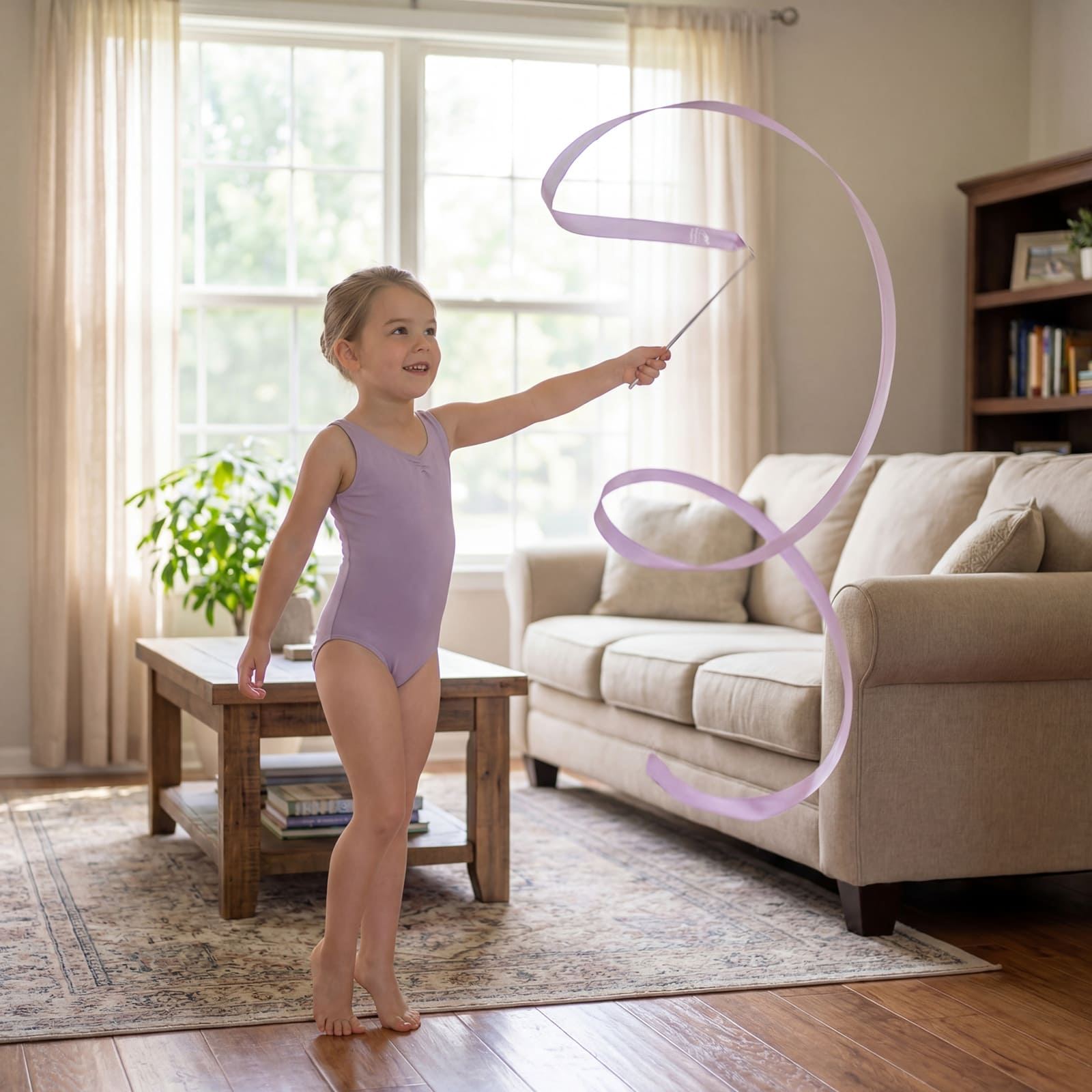 Young girl in a purple leotard holding a Colour Ribbon in a living room.