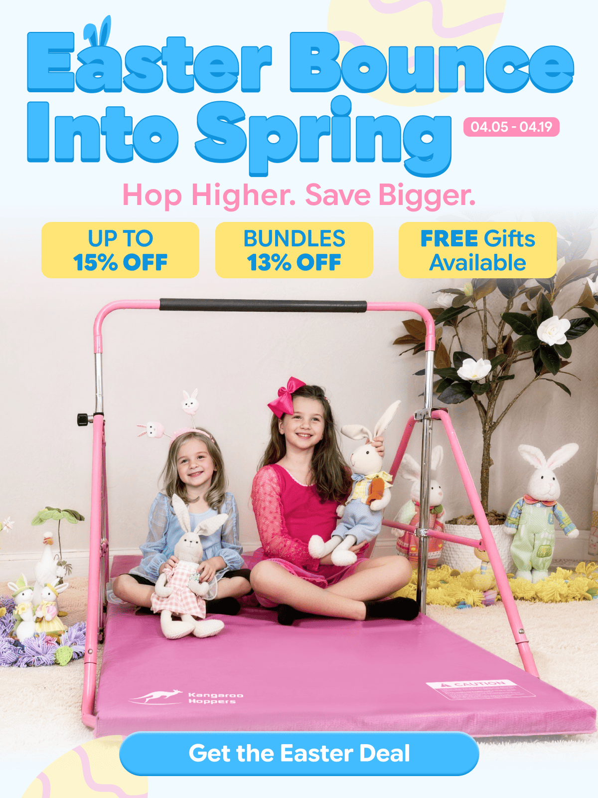 Children playing with a pink play Gymnastics on a decorated Easter-themed background .