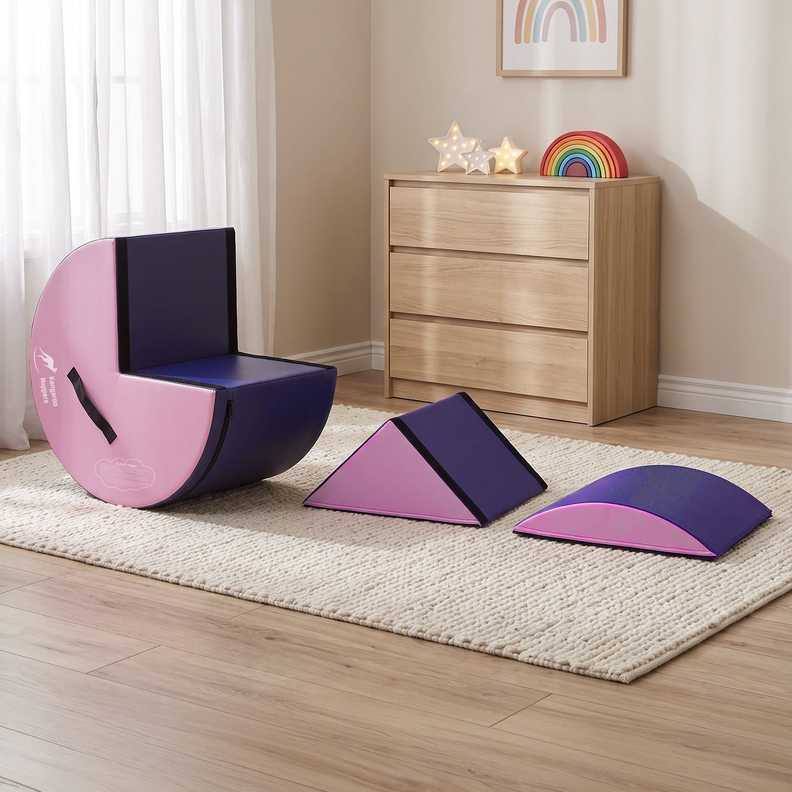 Pink and purple Kangaroo Hoppers Flip & Roll Gymnastics Trainer foam mat set