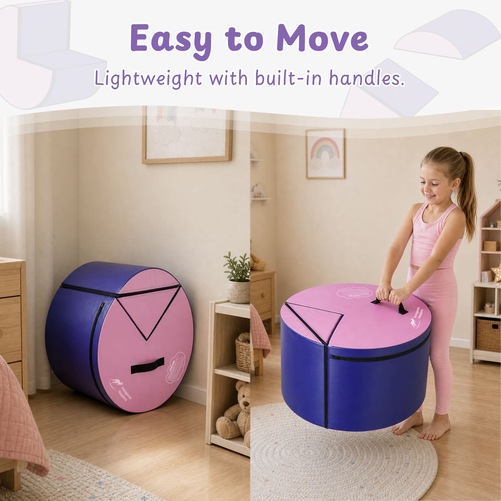 Girl carrying purple and pink Kangaroo Hoppers Flip & Roll Gymnastics Trainer with handles