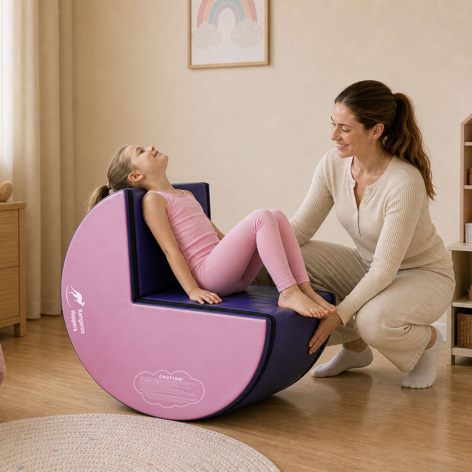 Girl on pink and purple Kangaroo Hoppers Flip & Roll Gymnastics Trainer
