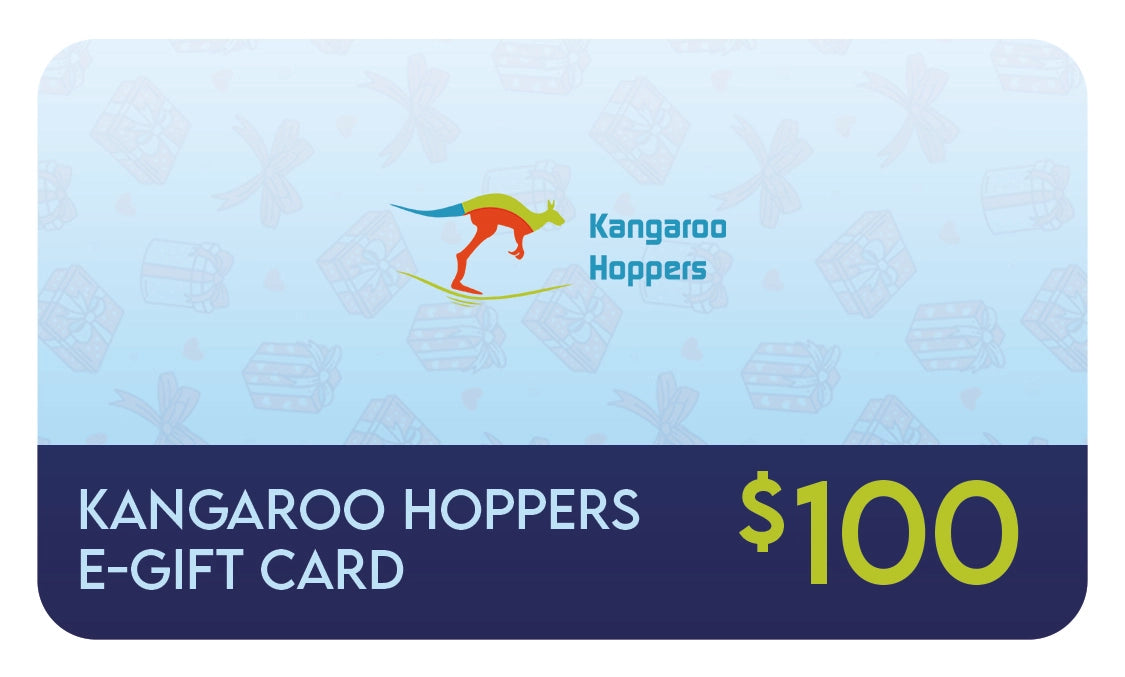 Blue Kangaroo Hoppers E-Gift Card with a jumping kangaroo logo and $100 value