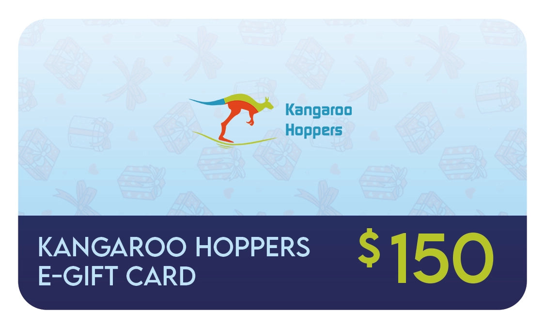 Light blue Kangaroo Hoppers E-Gift Card with colorful logo and $150 value
