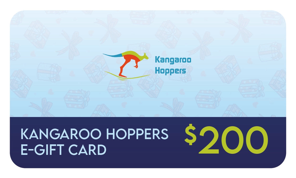 Light blue Kangaroo Hoppers E-Gift Card displaying a $200 value