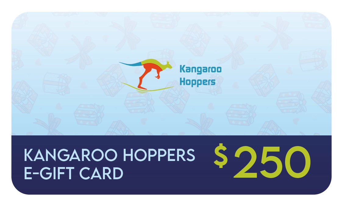 Blue Kangaroo Hoppers E-Gift Card featuring a $250 value and brand logo