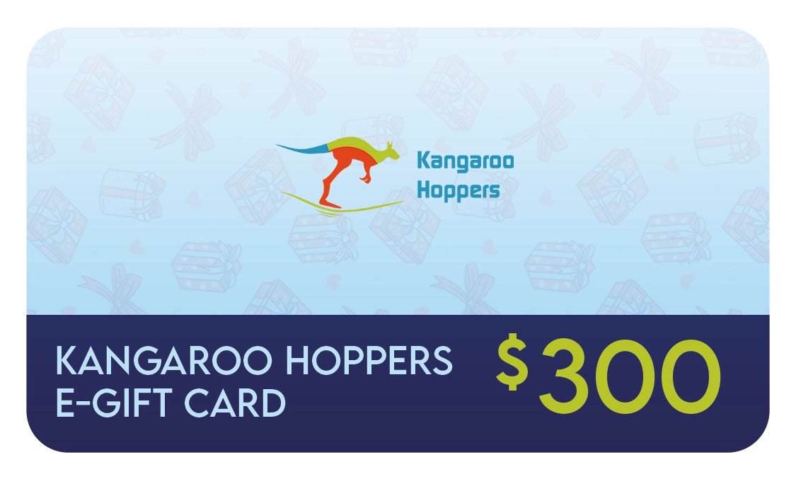 Light blue Kangaroo Hoppers E-Gift Card with logo and three hundred dollar value