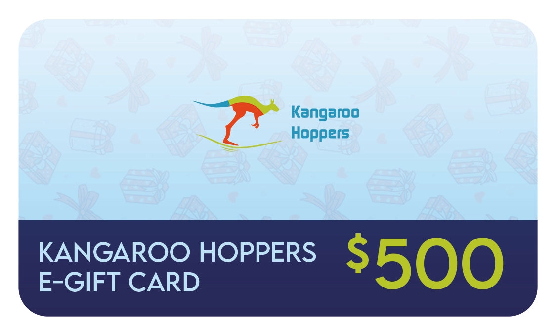 Light blueKangaroo Hoppers E-Gift Card featuring a colorful logo and $500 value