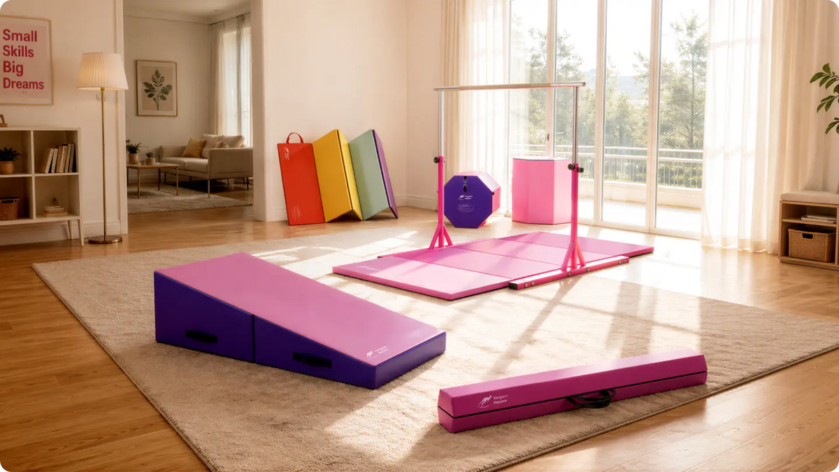 Pink and purple home gymnastics set with wedge mat, balance beam, bars, and folding mats on rug