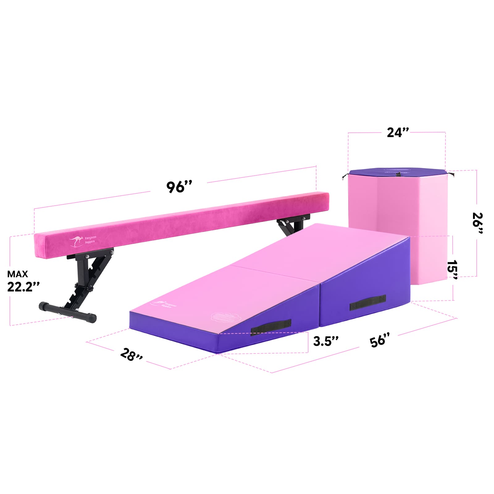 Gymnastics equipment set with pink balance beam, purple mat, and pink and purple mat with dimensions displayed.