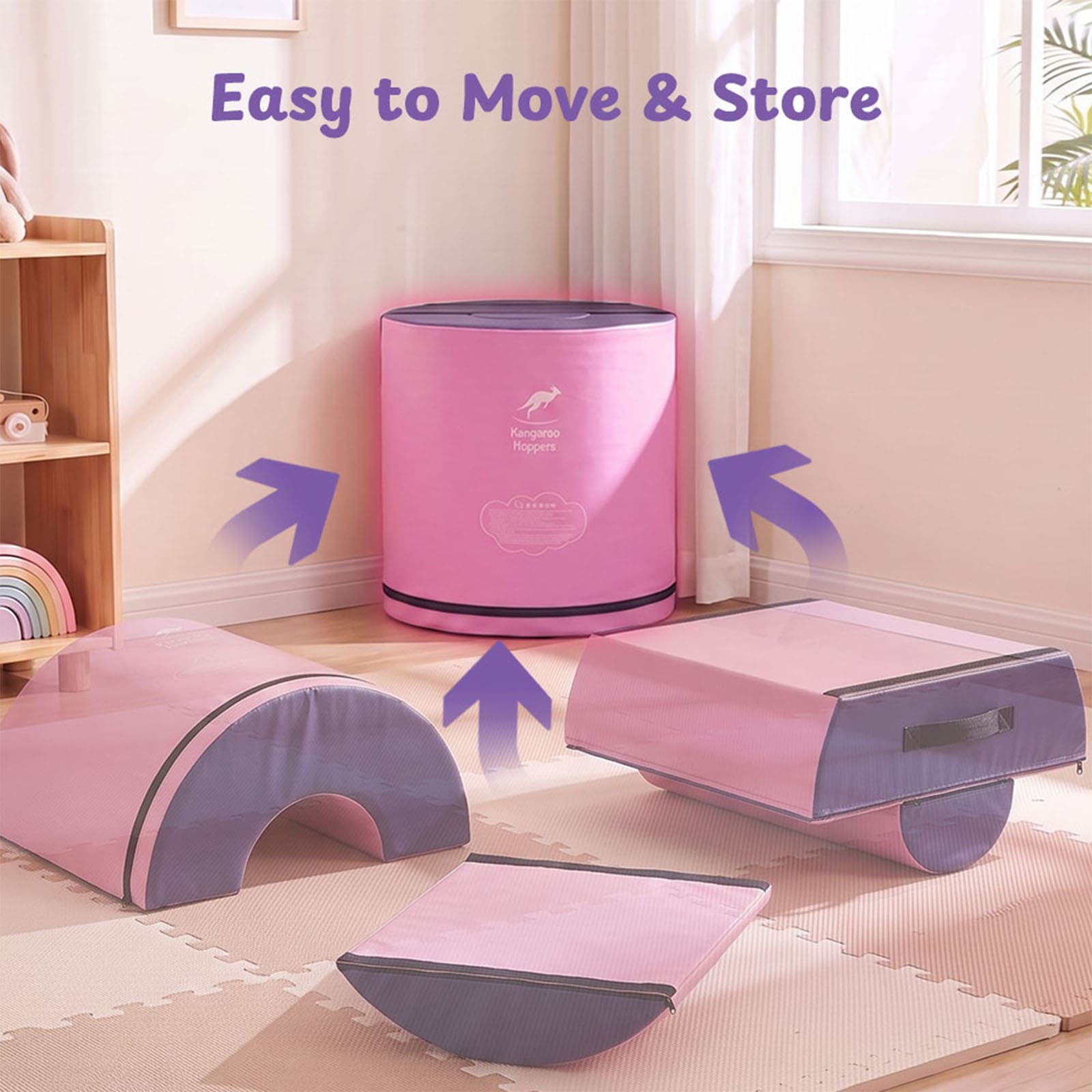 Pink and purple children's play gym set in a bright room, including a cylindrical storage bin, an arch tunnel, a balance board, and a small step, with purple arrows and text reading 'Easy to Move & Store'.