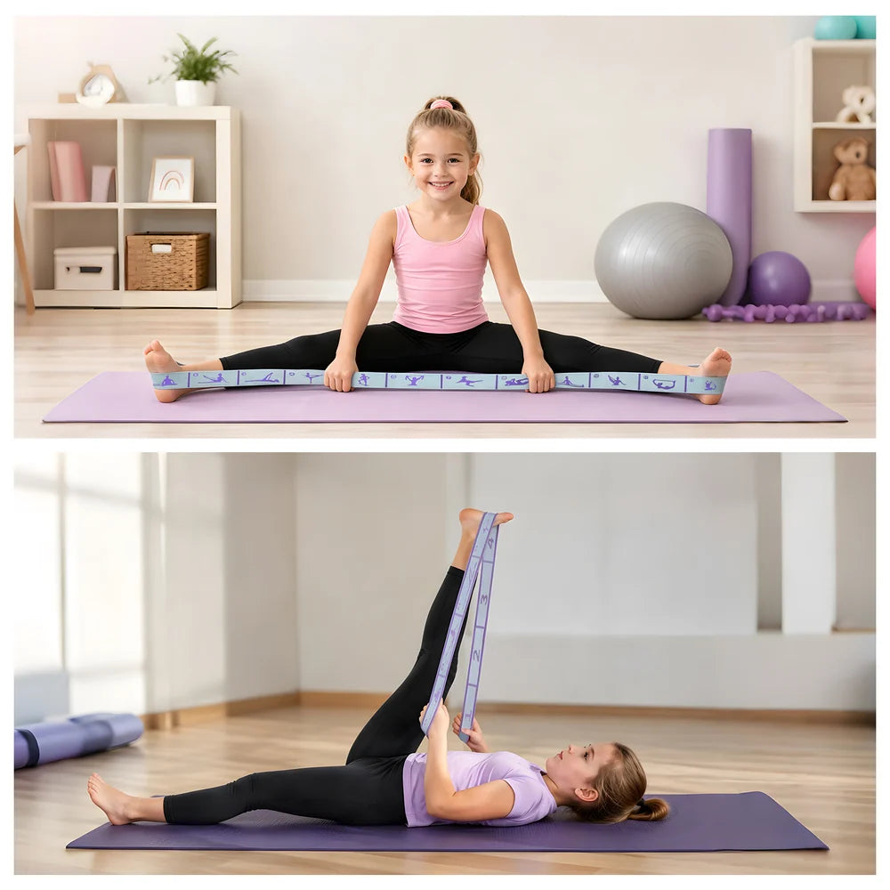 Girl using purple kids yoga stretch strap for splits and leg stretches on mat