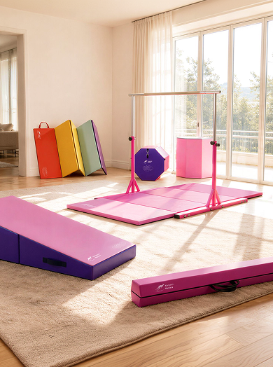 Colorful home gymnastics set with pink balance beam, folding mats, and horizontal bar
