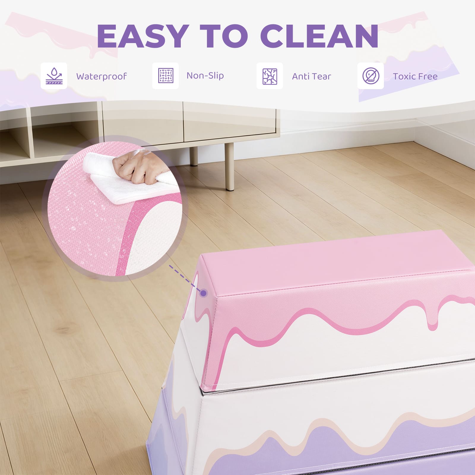 3-Layer Cake Themed Foam Vaulting Box , featuring text 'EASY TO CLEAN' and product features.