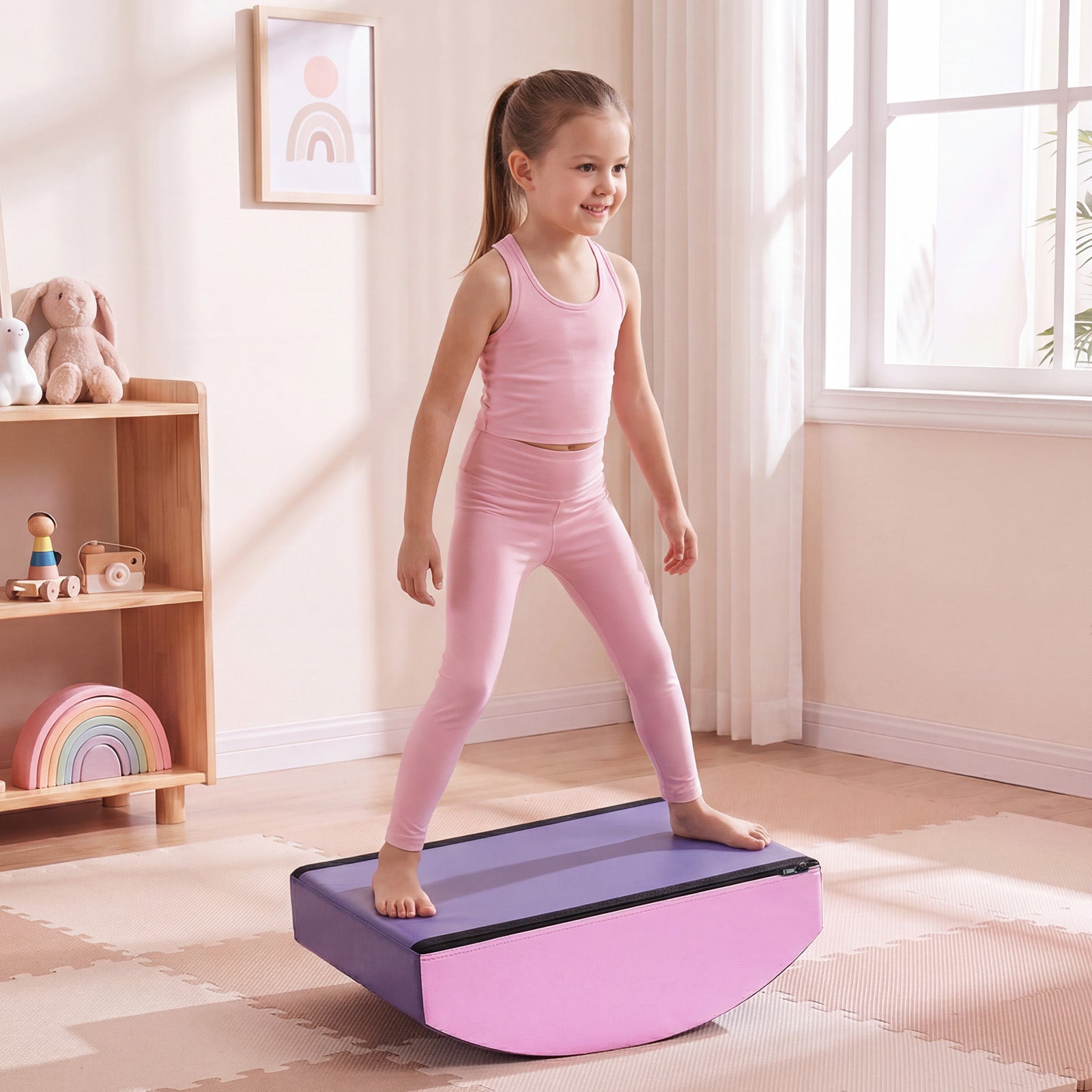 Child practicing balance and coordination standing on a modular gymnastics trainer at home.