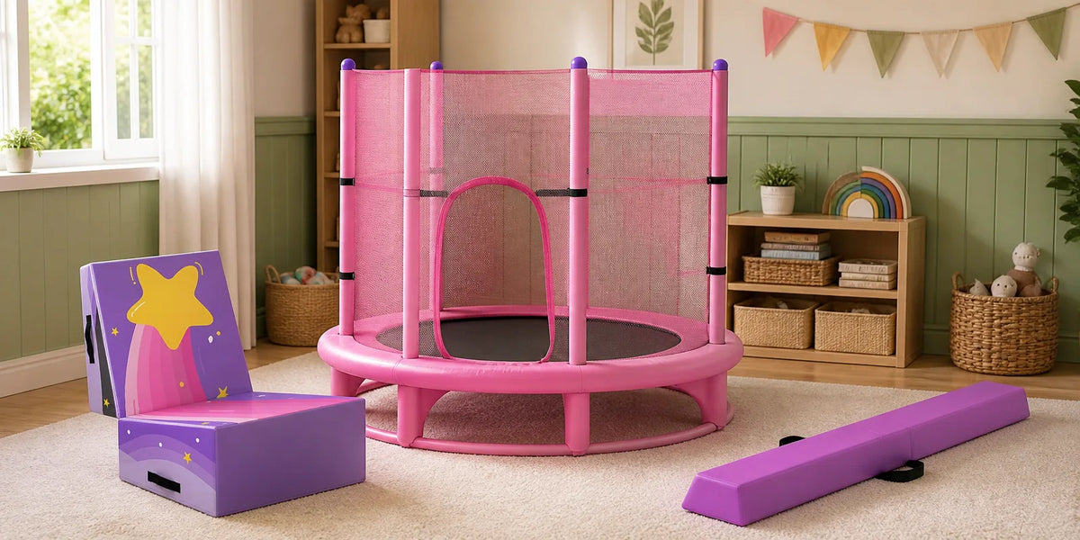 Kangaroo Hoppers weld-less kids trampoline in a bright family playroom