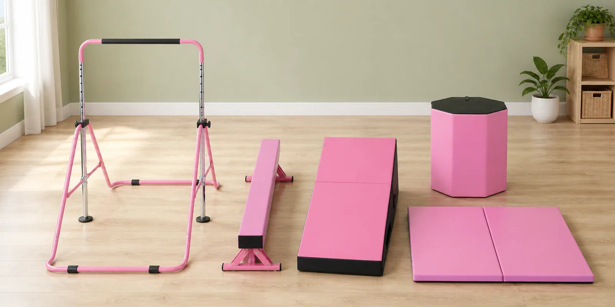 Complete kids gymnastics set contents laid out in a bright playroom