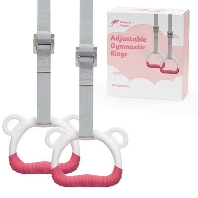 White and pink Kangaroo Hoppers kids gymnastic rings with grey straps and box