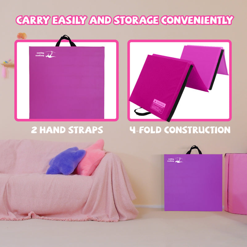 Purple foldable gymnastics mat with black carry handles and compact four-fold storage design